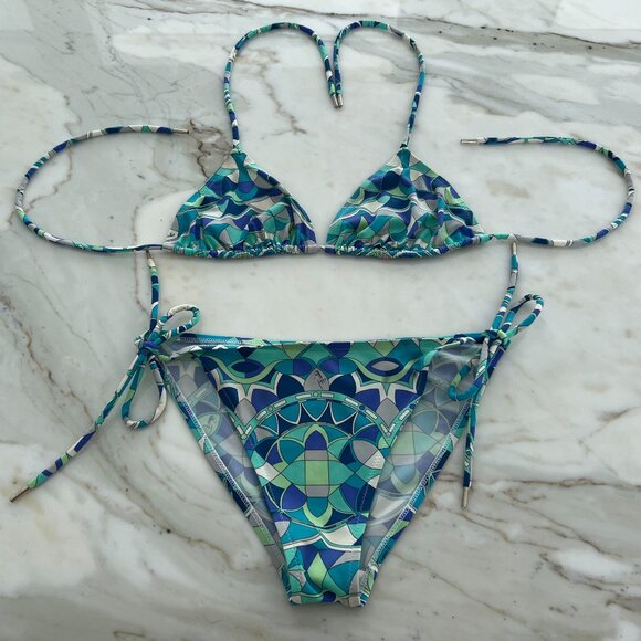 EMILIO PUCCI BLUE GREEN WHITE STRING BIKINI SIZE IT 42 / US 8 - Picture 1 of 17